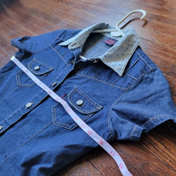E & You Denim Mini Dress Size S Button Up Collard Short Sleeve Dress Y2K Western - Picture 10 of 11